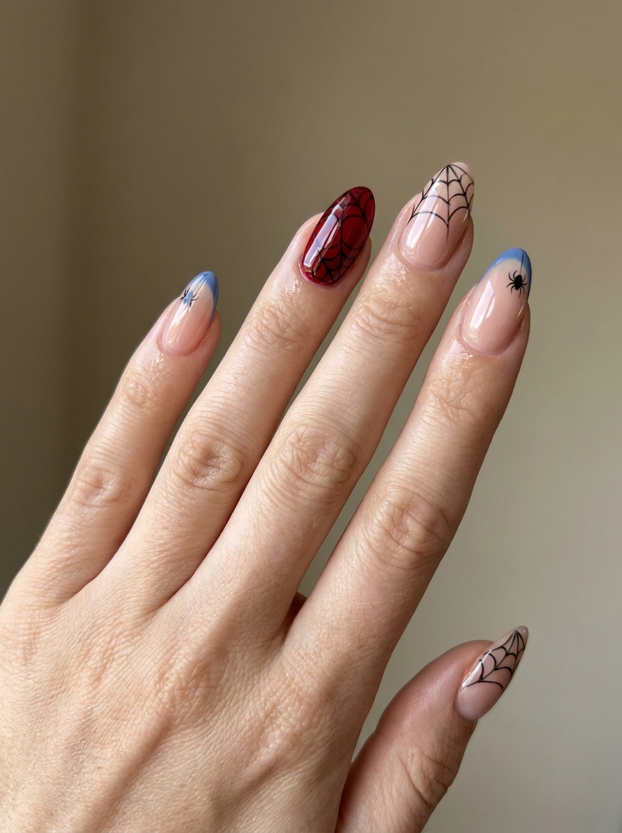 Nude Base Spiderman Accent Nails als Spiderman Nägel Inspiration 2026